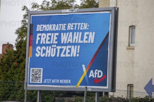AfD poster in Ludwigshafen with the text DEMOKRATIE RETTEN, FREIE WAHLEN SCHÜTZEN. The city's electoral committee has rejected the candidacy of AfD politician Joachim Paul in the mayoral election in September 2025