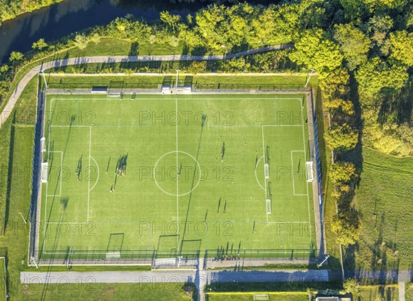Aerial view, Sportzemtrum Ost Hammer SpVg 03/04 e.V., training games and shadow cast by the evening sun, centre, Hamm, Ruhr area, North Rhine-Westphalia, Germany, DE, Europe, football, football pitch, football stadium, aerial view, aerial photography, aerial photography, shadow, sport, sports facility, sports field, overview, bird's-eye view, overview