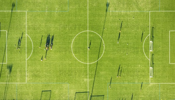Aerial view, Sportzemtrum Ost Hammer SpVg 03/04 e.V., training games and shadow cast by the evening sun, centre, Hamm, Ruhr area, North Rhine-Westphalia, Germany, DE, Europe, football, football pitch, football stadium, aerial view, aerial photography, aerial photography, shadow, sport, sports facility, sports field, overview, bird's-eye view, overview