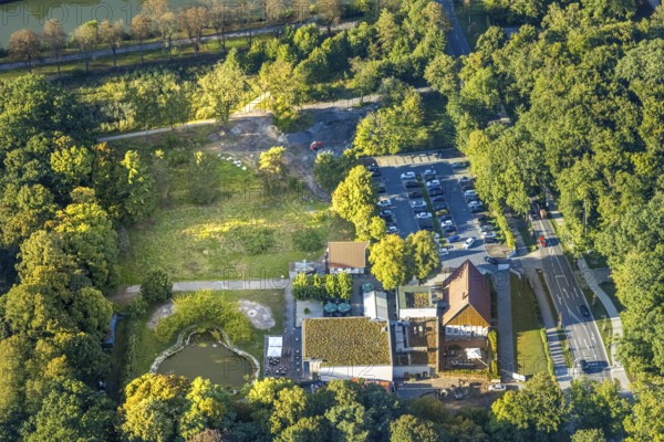 Aerial view, TusÃƒÂª Altes Fährhaus Restaurant, Uentrop, Hamm, Ruhr area, North Rhine-Westphalia, Germany, outdoor catering, beer garden, café, DE, food and drink, Europe, inn, restaurant, gastronomy, aerial photography, aerial photography, aerial photography, restaurant, parasols, overview, bird's eye view, overview