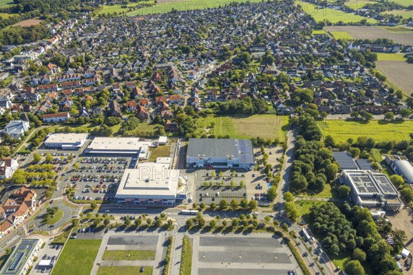Aerial view, Westpress arena, beta Finanz Eissportarena Hamm, Lidl supermarket, residential area, Uentrop, Hamm, Ruhr area, North Rhine-Westphalia, Germany, DE, shopping, shopping centre, shopping plaza, shopping mall, ice rink, Europe, events, culture, art, aerial photography, aerial photography, aerial photography, multi-purpose hall, local supply centre, shopping centre, sports, supermarket, theatre, overview, events, venue, event location, event centre, bird's eye view, birds-eyes view, cultural use, overview