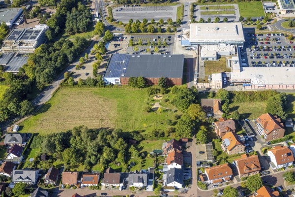 Aerial view, Westpress arena, beta Finanz Eissportarena Hamm, Lidl supermarket, Uentrop, Hamm, Ruhr area, North Rhine-Westphalia, Germany, DE, shopping, shopping centre, shopping plaza, shopping mall, ice rink, Europe, events, culture, art, aerial photography, aerial photography, aerial photography, multi-purpose hall, local supply centre, shopping centre, sports, supermarket, theatre, overview, events, venue, event location, event centre, bird's eye view, birds-eyes view, cultural use, overview