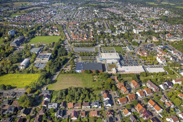Aerial view, Westpress arena, beta Finanz Eissportarena Hamm, Lidl supermarket, Uentrop, Hamm, Ruhr area, North Rhine-Westphalia, Germany, DE, shopping, shopping centre, shopping plaza, shopping mall, ice rink, Europe, events, culture, art, aerial photography, aerial photography, aerial photography, multi-purpose hall, local supply centre, shopping centre, sports, supermarket, theatre, overview, events, venue, event location, event centre, bird's eye view, birds-eyes view, cultural use, overview