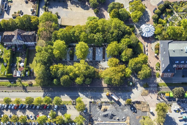 Aerial view, construction site entrance area Maximilianpark, Uentrop, Hamm, Ruhr area, North Rhine-Westphalia, Germany, construction work, construction area, construction site, building plots, construction project, construction site, education, educational institution, DE, Europe, grammar school, teaching institute, aerial view, aerial photography, aerial photography, MaxiPark, new building, school, overview, conversion, bird's eye view, Werner-Figgen-Weg, bird's eye view, overview