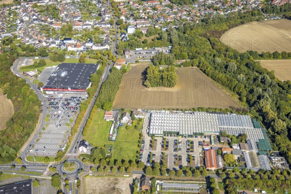 Aerial view, roundabout Sachsring and Münsterstraße, garden centre Bintig GmbH and Kaufland supermarket, district Heessen, Hamm, Ruhr area, North Rhine-Westphalia, Germany, DE, Europe, aerial view, aerial photography, aerial photography, overview, bird's-eye view, overview