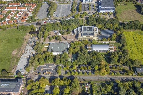 Aerial view, construction site at Freiherr-vom-Stein-Gymnasium, Uentrop, Hamm, Ruhr area, North Rhine-Westphalia, Germany, construction work, construction area, construction site, building plots, construction measure, construction project, construction site, education, educational institution, DE, Europe, grammar school, teaching institute, aerial view, aerial photography, aerial photography, new building, school, overview, conversion, bird's eye view, Werner-Figgen-Weg, bird's eye view, overview