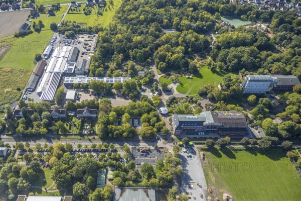 Aerial view, construction site at Freiherr-vom-Stein-Gymnasium, Maximilianpark, Uentrop, Hamm, Ruhr area, North Rhine-Westphalia, Germany, construction work, construction area, building site, building plots, construction measure, construction project, building site, education, educational institution, DE, Europe, grammar school, teaching institute, aerial view, aerial photography, aerial photography, school, overview, reconstruction, bird's eye view, Werner-Figgen-Weg, birds-eyes view, overview