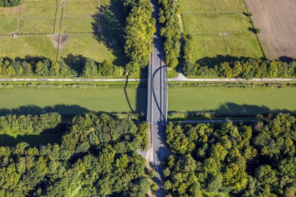 Aerial view, Ostwennemarstraße bridge over the Datteln-Hamm canal, Uentrop, Hamm, Ruhr area, North Rhine-Westphalia, Germany, bridge, DE, Europe, canal, aerial view, aerial photography, aerial photography, road traffic, overview, bird's-eye view, overview