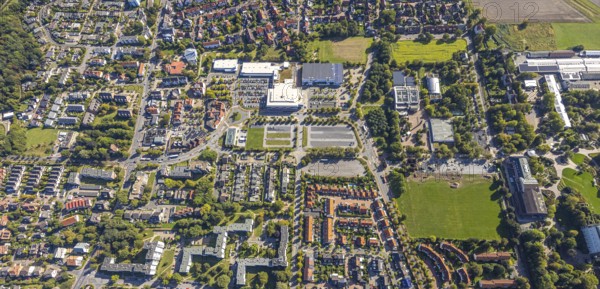 Aerial view, Freiherr-vom-Stein-Gymnasium Hamm with construction site and meadow area, entrance area Maximilianpark, Uentrop, Hamm, Ruhr area, North Rhine-Westphalia, Germany, construction work, construction area, construction site, building plots, construction project, construction site, education, educational institution, DE, Europe, grammar school, teaching institute, aerial view, aerial photography, aerial photography, school, overview, reconstruction, bird's eye view, Werner-Figgen-Weg, birds-eyes view, overview