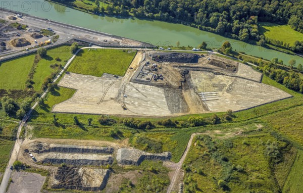 Aerial view, construction site between Geithe and Siegenbeckstraße, deconstruction at the harbour construction area Geithe at the Datteln-Hamm canal at the RWE power plant Westfalen, planned motorway A2 junction Siegenbeckstraße, Uentrop, Hamm, Ruhr area, North Rhine-Westphalia, Germany, construction work, construction area, construction site, building plots, construction project, construction site, DE, Europe, aerial view, aerial photography, aerial photography, new construction, overview, bird's eye view, birds-eyes view, overview