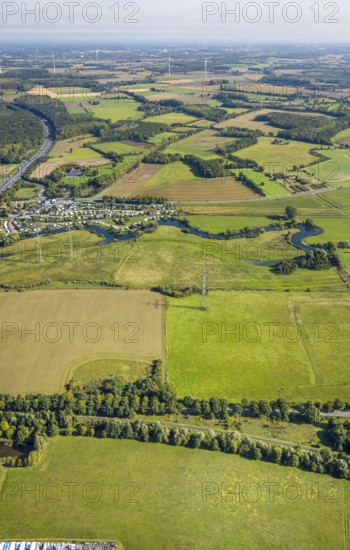 Aerial view, river Lippe river meander meadow landscape Schmehauser Mersch, motorway A2, meadows and fields, Autohof Lippetal and campsite Uentrop Helbach - Lippetal, Uentrop, Hamm, Ruhr area, North Rhine-Westphalia, Germany, agriculture, camping, camping site, campsite, DE, Europe, agricultural fields, aerial view, aerial photography, aerial photography, overview, bird's-eye view, meadows, birds-eyes view, overview