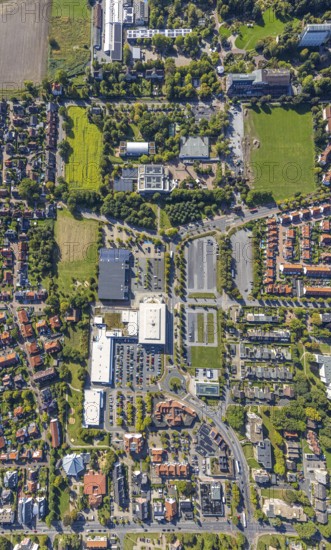 Aerial view, Freiherr-vom-Stein-Gymnasium Hamm with construction site and meadow area, entrance area Maximilianpark, Uentrop, Hamm, Ruhr area, North Rhine-Westphalia, Germany, construction work, construction area, construction site, building plots, construction project, construction site, education, educational institution, DE, Europe, grammar school, teaching institute, aerial view, aerial photography, aerial photography, school, overview, reconstruction, bird's eye view, Werner-Figgen-Weg, birds-eyes view, overview