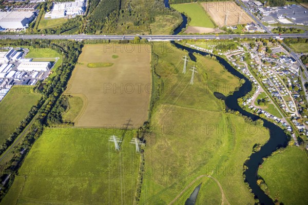 Aerial view, river Lippe river meander meadow landscape Schmehauser Mersch, motorway A2, meadows and fields and overhead power lines, Uentrop, Hamm, Ruhr area, North Rhine-Westphalia, Germany, agriculture, DE, Europe, agricultural fields, aerial view, aerial photography, aerial photography, overview, bird's-eye view, meadows, birds-eyes view, overview