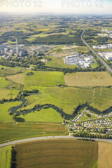 Aerial view, river Lippe river meander floodplain landscape Schmehauser Mersch, meadows and fields, Funke Kunststoffe GmbH at the A2 motorway and RWE power plant Westfalen, deconstruction at the port construction area Geithe, planned A2 motorway junction Siegenbeckstraße, Uentrop, Hamm, Ruhr area, North Rhine-Westphalia, Germany, agriculture, DE, Europe, commercial enterprise, commercial area, commercial area, commercial property, commercial site, commercial use, industrial area, industrial site, agricultural fields, aerial view, aerial photography, aerial photography, overview, bird's-eye view, meadows, birds-eyes view, overview