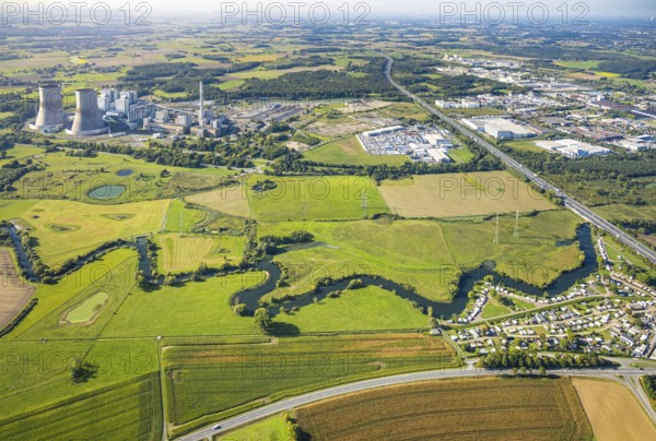 Aerial view, river Lippe river meander floodplain landscape Schmehauser Mersch, meadows and fields, Funke Kunststoffe GmbH at the A2 motorway and RWE power plant Westfalen, deconstruction at the port construction area Geithe, planned A2 motorway junction Siegenbeckstraße, Uentrop, Hamm, Ruhr area, North Rhine-Westphalia, Germany, agriculture, DE, Europe, commercial enterprise, commercial area, commercial area, commercial property, commercial site, commercial use, industrial area, industrial site, agricultural fields, aerial view, aerial photography, aerial photography, overview, bird's-eye view, meadows, birds-eyes view, overview