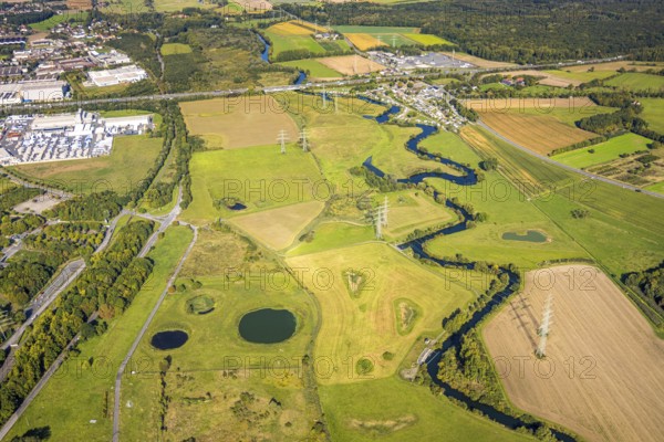 Aerial view, river Lippe river meander meadow landscape Schmehauser Mersch, meadows and fields, Funke Kunststoffe GmbH on the A2 motorway, planned A2 motorway junction Siegenbeckstraße, Uentrop, Hamm, Ruhr area, North Rhine-Westphalia, Germany, agriculture, DE, Europe, commercial enterprise, commercial area, commercial area, commercial property, commercial site, commercial use, industrial area, industrial site, agricultural fields, aerial view, aerial photography, aerial photography, overview, bird's-eye view, meadows, birds-eyes view, overview
