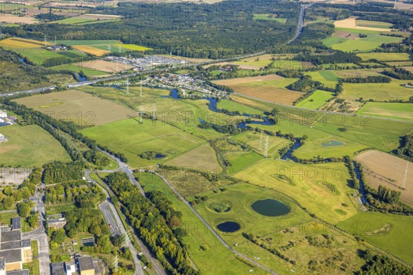Aerial view, river Lippe river meander meadow landscape Schmehauser Mersch, meadows and fields, planned motorway A2 junction Siegenbeckstraße, Uentrop, Hamm, Ruhr area, North Rhine-Westphalia, Germany, DE, Europe, aerial view, aerial photography, aerial photography, overview, bird's-eye view, overview