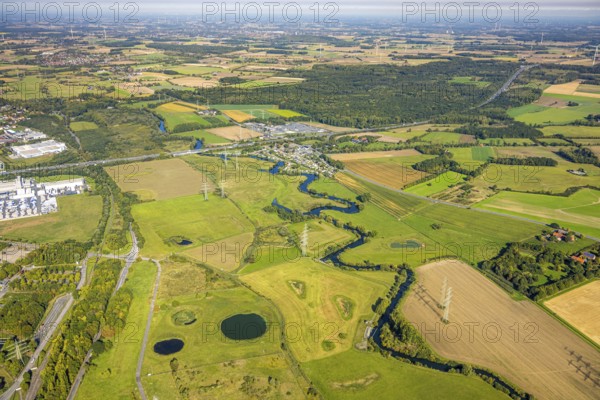 Aerial view, river Lippe river meander meadow landscape Schmehauser Mersch, meadows and fields, planned motorway A2 junction Siegenbeckstraße, Uentrop, Hamm, Ruhr area, North Rhine-Westphalia, Germany, DE, Europe, aerial view, aerial photography, aerial photography, overview, bird's-eye view, overview