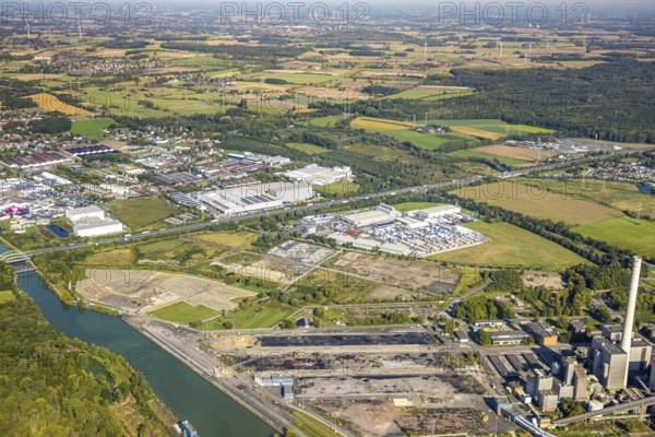 Aerial view, motorway A2 and industrial area Uentrop with Funke Kunststoffe GmbH, Datteln-Hamm canal, planned motorway A2 junction Siegenbeckstraße, Eilmsen, Welver, Ruhr area, North Rhine-Westphalia, Germany, DE, Europe, commercial enterprise, commercial area, commercial property, commercial site, commercial use, Hamm, industrial area, industrial site, canal, aerial view, aerial photography, aerial photography, overview, bird's eye view, birds-eyes view, overview