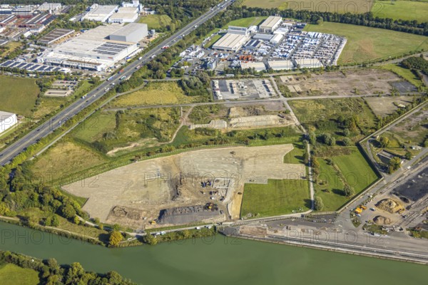 Aerial view, commercial area Siegenbeckstraße, construction site Geithe, planned motorway A2 junction Siegenbeckstraße, Uentrop, Hamm, Ruhr area, North Rhine-Westphalia, Germany, construction work, construction area, construction site, building plots, construction project, construction site, DE, Europe, commercial enterprise, commercial area, commercial area, commercial property, commercial site, commercial use, industrial area, industrial site, aerial view, aerial photography, aerial photography, new construction, road signpost, road traffic, overview, bird's-eye view, overview