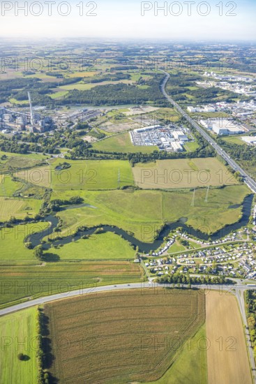 Aerial view, river Lippe river meander floodplain landscape Schmehauser Mersch, meadows and fields, Funke Kunststoffe GmbH at the A2 motorway and RWE power plant Westfalen, deconstruction at the port construction area Geithe, planned A2 motorway junction Siegenbeckstraße, Uentrop, Hamm, Ruhr area, North Rhine-Westphalia, Germany, agriculture, DE, Europe, commercial enterprise, commercial area, commercial area, commercial property, commercial site, commercial use, industrial area, industrial site, agricultural fields, aerial view, aerial photography, aerial photography, overview, bird's-eye view, meadows, birds-eyes view, overview