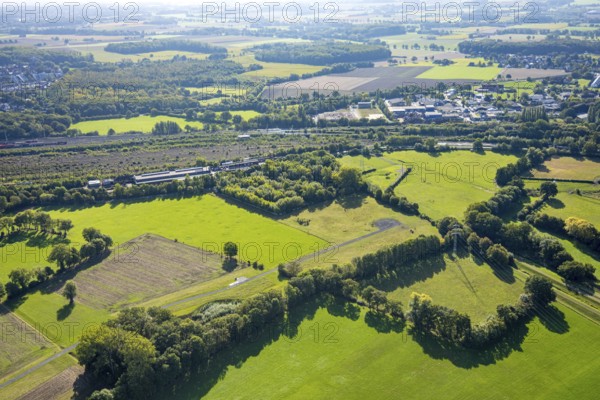 Aerial view, marshalling yard Hamm, meadows and fields Daberg, at Wiescher Bach, district Pelkum, Hamm, Ruhr area, North Rhine-Westphalia, Germany, DE, Europe, track systems, tracks, goods trains, aerial view, aerial photography, aerial photography, overview, bird's-eye view, overview