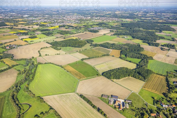 Aerial view, meadows and fields, Vöckinghausen, view to Hamm, district Rhynern, Hamm, Ruhr area, North Rhine-Westphalia, Germany, DE, Europe, agricultural fields, aerial view, aerial photography, aerial photography, overview, bird's eye view, birds-eyes view, overview