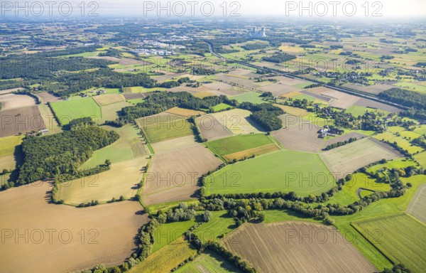 Aerial view, meadows and fields, Vöckinghausen, view to RWE power plant Westfalen and motorway A2, district Rhynern, Hamm, Ruhr area, North Rhine-Westphalia, Germany, DE, Europe, agricultural fields, aerial view, aerial photography, aerial photography, overview, bird's-eye view, overview