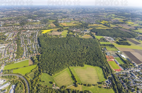 Aerial view, complete view of the sports fields of HSC in Westtünnen, HSC small pitch Fuchshöhle, Pilsholz Wald, Blumen Bintig GmbH and Hüls Wald, district Rhynern, Hamm, Ruhr area, North Rhine-Westphalia, Germany, DE, Europe, football, football field, football pitch, football stadium, Hammer SC (HSC), aerial view, aerial photography, aerial photography, sports, sports facility, sports facilities, sports field, sports venue, stadium, tennis, tennis facility, tennis court, tennis courts, tennis club, overview, bird's-eye view, forest, birds-eyes view, overview