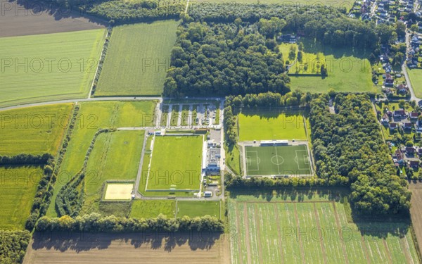 Aerial view, Westfalia Sportpark an der Lohschule, new sports field with grandstand and club building with sports day-care centre, district Rhynern, Hamm, Ruhr area, North Rhine-Westphalia, Germany, DE, Europe, football, football field, football stadium, aerial view, aerial photography, aerial photography, sports, sports facility, sports field, overview, bird's-eye view, meadows and fields, birds-eyes view, overview