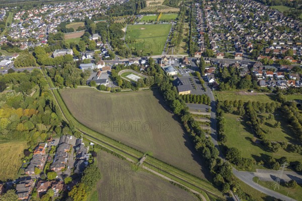 Aerial view, DitiB Ulu Camii Mosque next to the Barbara Stadium, district Herringen, Hamm, Ruhr area, North Rhine-Westphalia, Germany, place of worship, DE, Europe, religious community, place of worship, holy place, church, parish, denomination, aerial view, aerial photography, aerial photography, religion, religious site, sport, sports facility, sports field, stadium, overview, bird's-eye view, overview