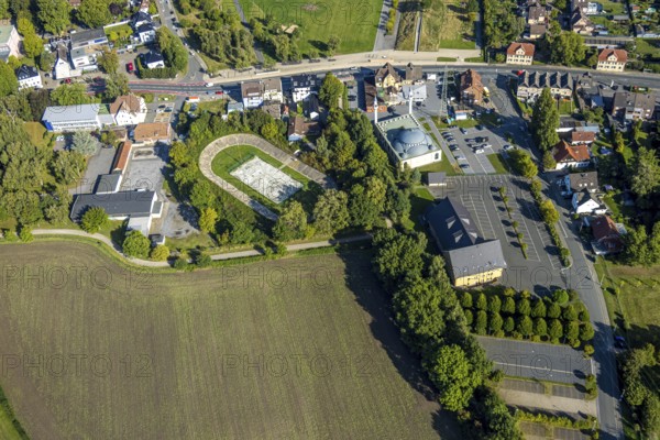 Aerial view, DitiB Ulu Camii Mosque next to the Barbara Stadium, district Herringen, Hamm, Ruhr area, North Rhine-Westphalia, Germany, place of worship, DE, Europe, religious community, place of worship, holy place, church, parish, denomination, aerial view, aerial photography, aerial photography, religion, religious site, sport, sports facility, sports field, stadium, overview, bird's-eye view, overview