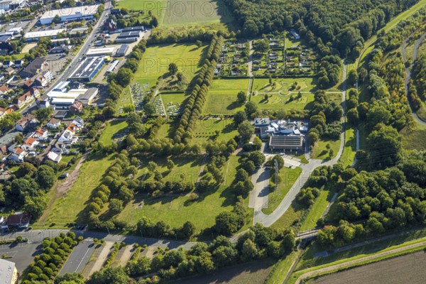 Aerial view, Parkfriedhof Herringen Gräberfeld, Krematorium Hamm GmbH und Interkultureller Garten, green area, urban district Herringen, Hamm, Ruhr area, North Rhine-Westphalia, Germany, burial site, DE, Europe, cemetery, memorial, Gottesacker, graves, burial ground, aerial photograph, aerial photography, aerial photography, resting place, overview, bird's eye view, bird's eye view, overview
