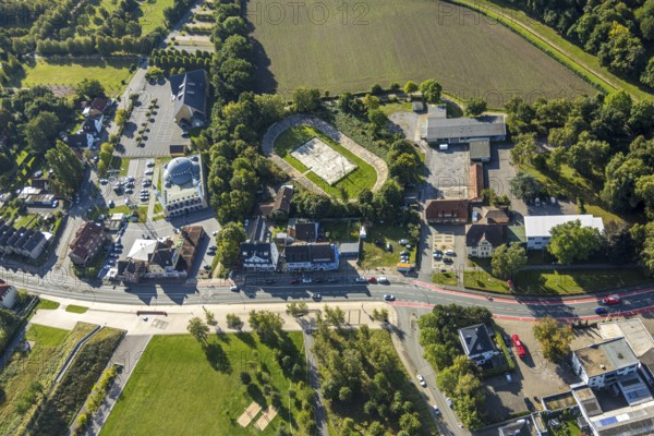 Aerial view, DitiB Ulu Camii Mosque next to the Barbara Stadium, district Herringen, Hamm, Ruhr area, North Rhine-Westphalia, Germany, place of worship, DE, Europe, religious community, place of worship, holy place, church, parish, denomination, aerial view, aerial photography, aerial photography, religion, religious site, sport, sports facility, sports field, stadium, overview, bird's-eye view, overview