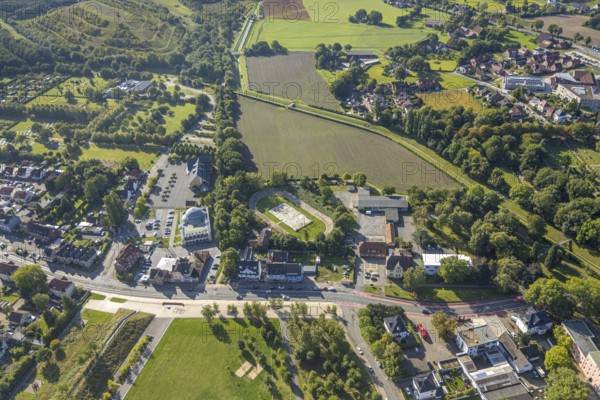 Aerial view, DitiB Ulu Camii Mosque next to the Barbara Stadium, district Herringen, Hamm, Ruhr area, North Rhine-Westphalia, Germany, place of worship, DE, Europe, religious community, place of worship, holy place, church, parish, denomination, aerial view, aerial photography, aerial photography, religion, religious site, sports facility, sports field, stadium, overview, bird's-eye view, overview