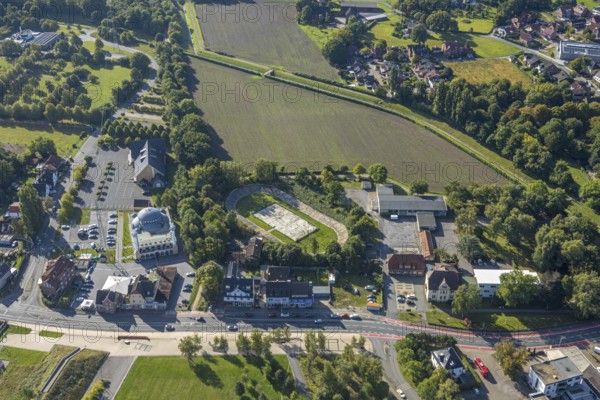 Aerial view, DitiB Ulu Camii Mosque next to the Barbara Stadium, district Herringen, Hamm, Ruhr area, North Rhine-Westphalia, Germany, place of worship, DE, Europe, religious community, place of worship, holy place, church, parish, denomination, aerial view, aerial photography, aerial photography, religion, religious site, sports facility, sports field, stadium, overview, bird's-eye view, overview