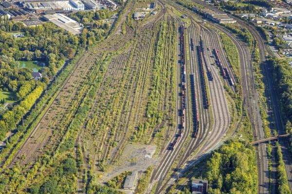 Aerial view, Hamm marshalling yard, Pelkum district, Hamm, Ruhr area, North Rhine-Westphalia, Germany, railway area, DE, Deutsche Bahn AG, Europe, track systems, tracks, goods trains, aerial photograph, aerial photography, aerial photography, overview, bird's-eye view, overview