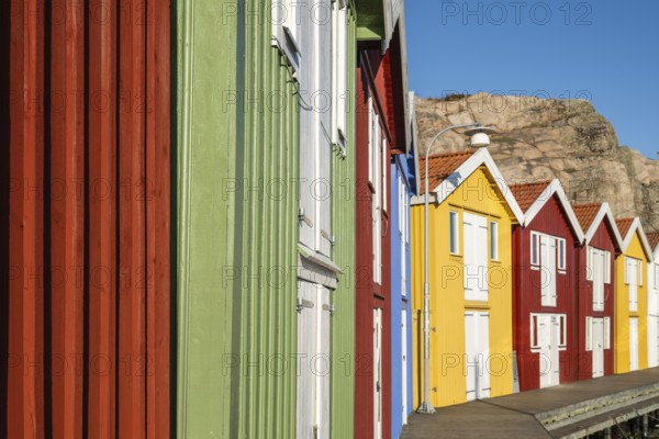 Colourful boathouses in the harbour of Smögen, Smögenbryggan, Västra Götalands Län, Bohuslän, Sweden