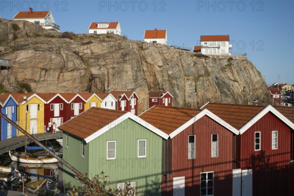 Colourful boathouses in the harbour of Smögen, Smögenbryggan, Västra Götalands Län, Bohuslän, Sweden