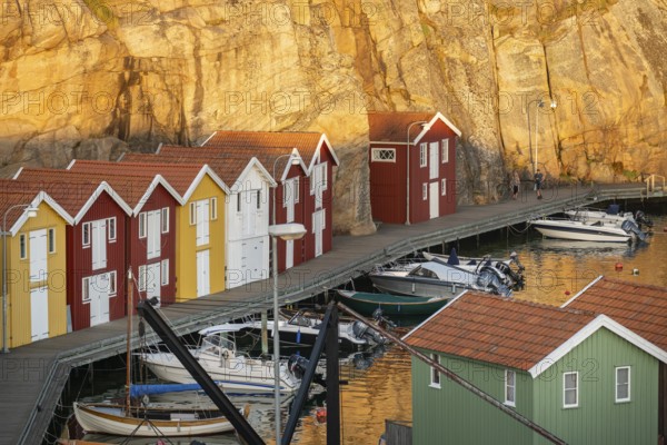 Colourful boathouses and boats in the harbour of Smögen, evening mood, Smögenbryggan, Västra Götalands Län, Bohuslän, Sweden