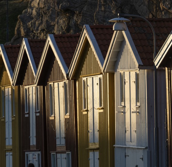 Colourful boathouses in the harbour of Smögen, Smögenbryggan, Västra Götalands Län, Bohuslän, Sweden