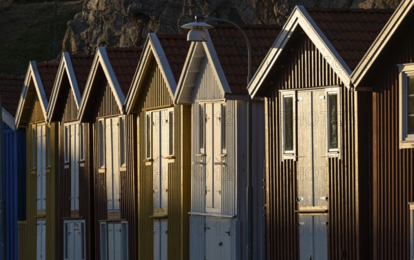 Colourful boathouses in the harbour of Smögen, Smögenbryggan, Västra Götalands Län, Bohuslän, Sweden