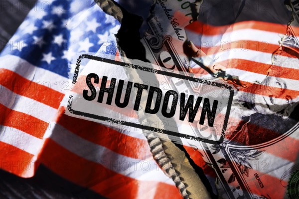 Torn US flag with dollar bill and Shutdown lettering, photomontage