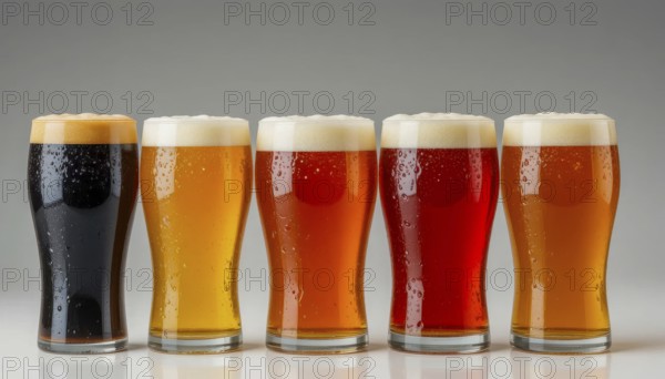 Five different beers are displayed in glasses, showcasing a range of colors and styles, from dark stout to light lager, AI generated