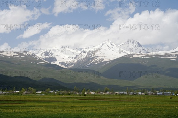 Green meadows in front of snow-covered mountains under a cloudy blue sky, landscape near Hartavan with a view of the Aragaz, Aragatsotn province, Armenia