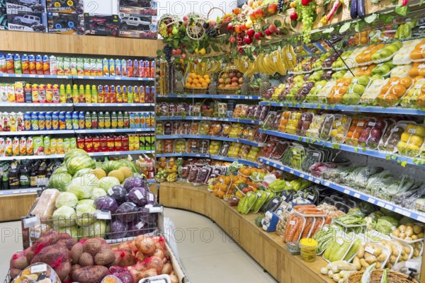 Shelves full of fresh fruit and vegetables in a supermarket, Gntunik supermarket, Aragazotn province, Armenia