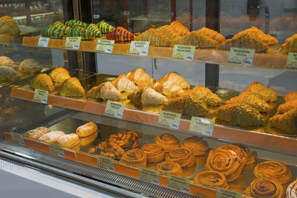 Different types of pastries displayed in a sales counter, Gntunik supermarket, Aragazotn province, Armenia