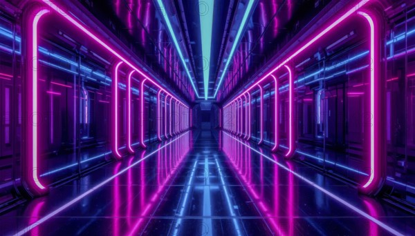 A mesmerizing perspective of a futuristic corridor bathed in vibrant neon lights, creating a sense of depth and wonder, AI generated