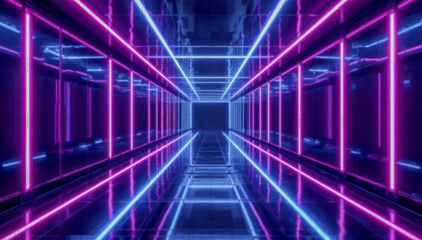 A perspective view of a neon-lit tunnel with pink and blue lights, creating a futuristic and vibrant atmosphere. The reflective floor enhances the visual depth, AI generated
