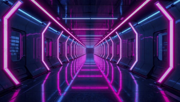 A long, futuristic corridor is illuminated by vibrant neon lights, creating a sense of depth and modern design. The glossy floor reflects the colorful illumination, AI generated